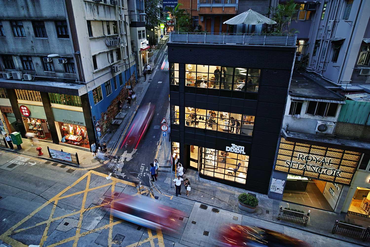 Aerial view of Tom Dixon store on a busy street in Hong Kong